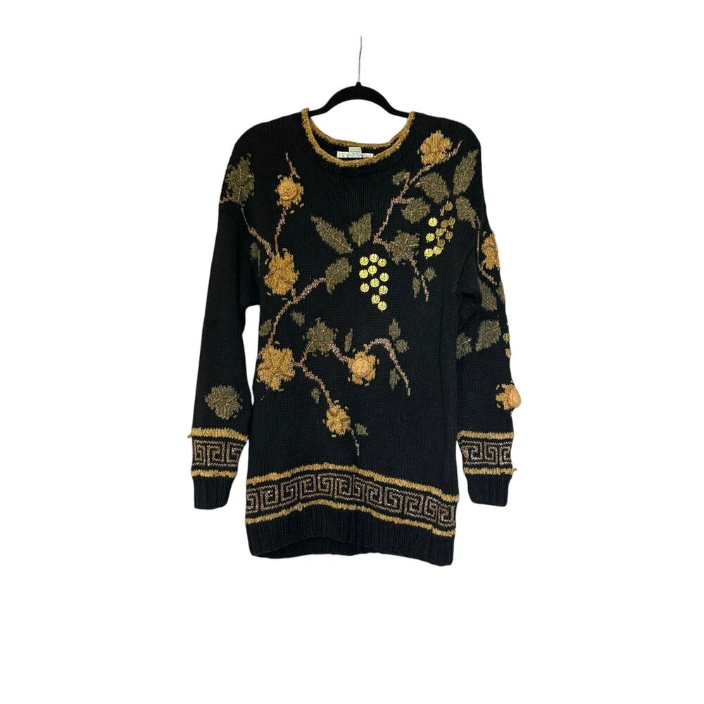 Vtg 90s Michelle Stuart Studio Med Black Gold Ramie Cotton Sweater Holiday Party